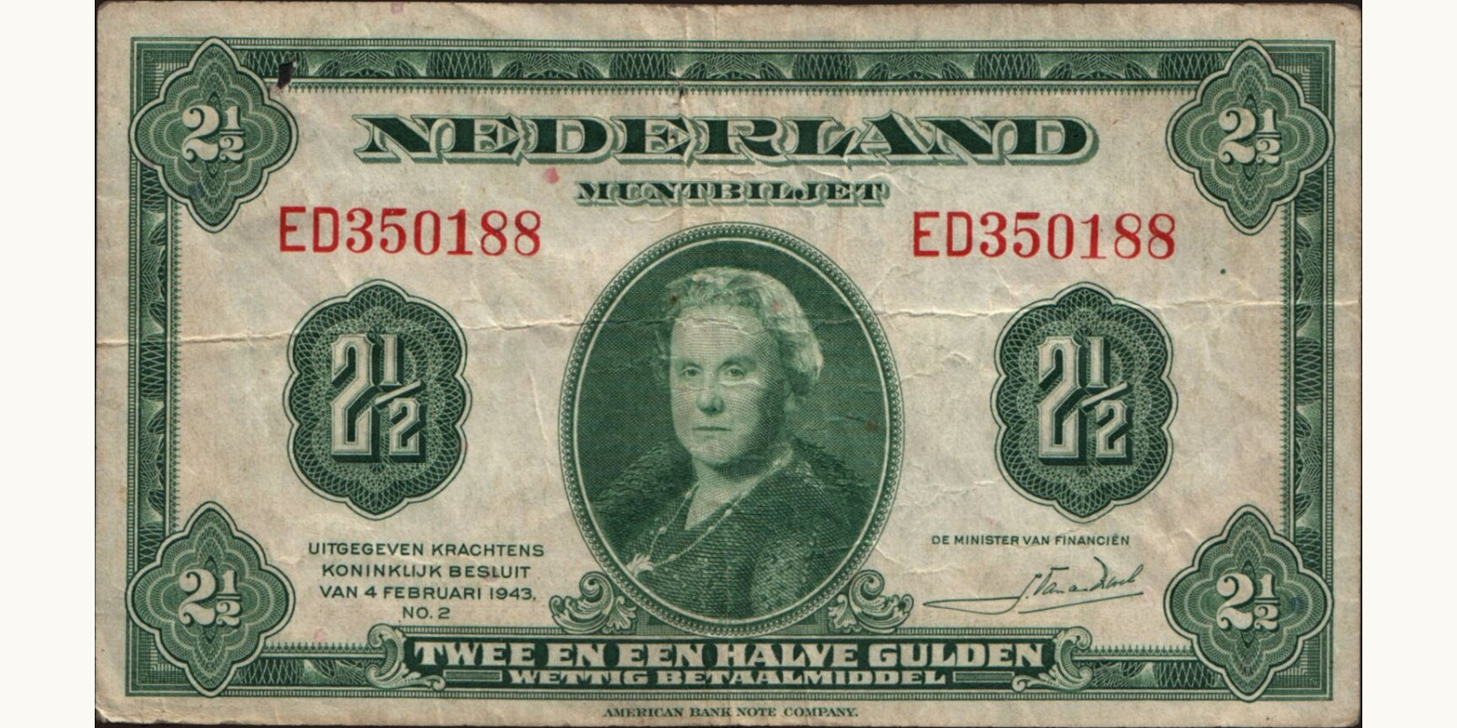 2 gulden Нидерланды 1943 — Лицевая сторона