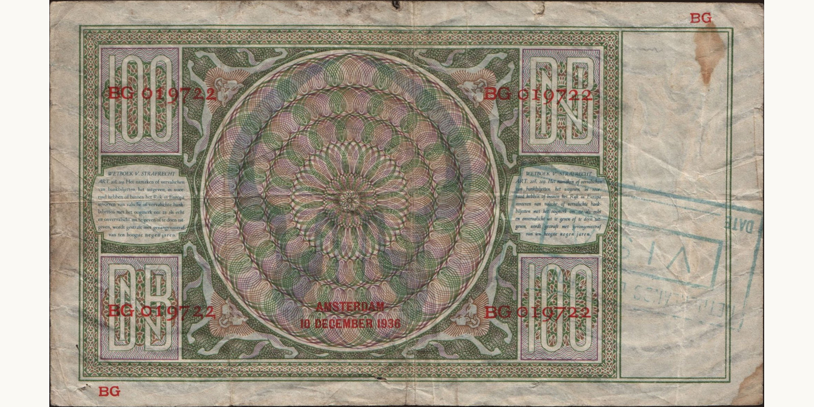 100 gulden Нидерланды 1936 — Оборотная сторона