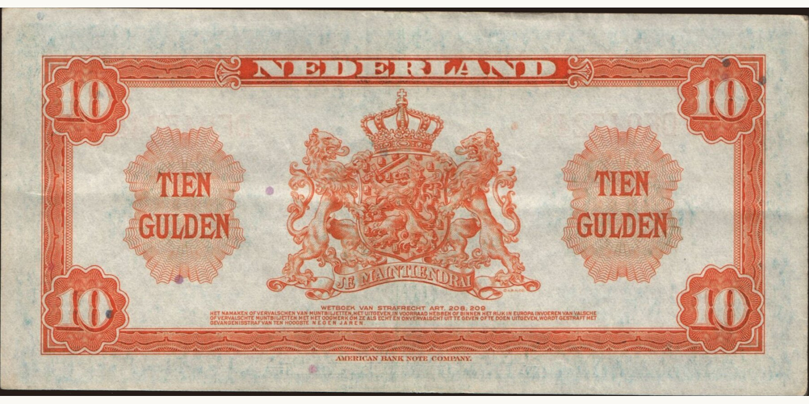 10 gulden Netherlands 1943 — Back side