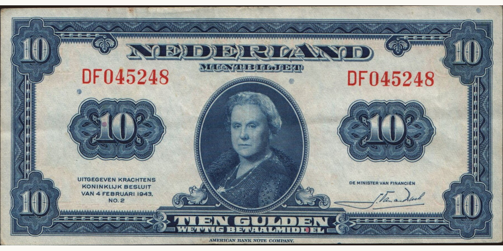 10 gulden Netherlands 1943 — Front side