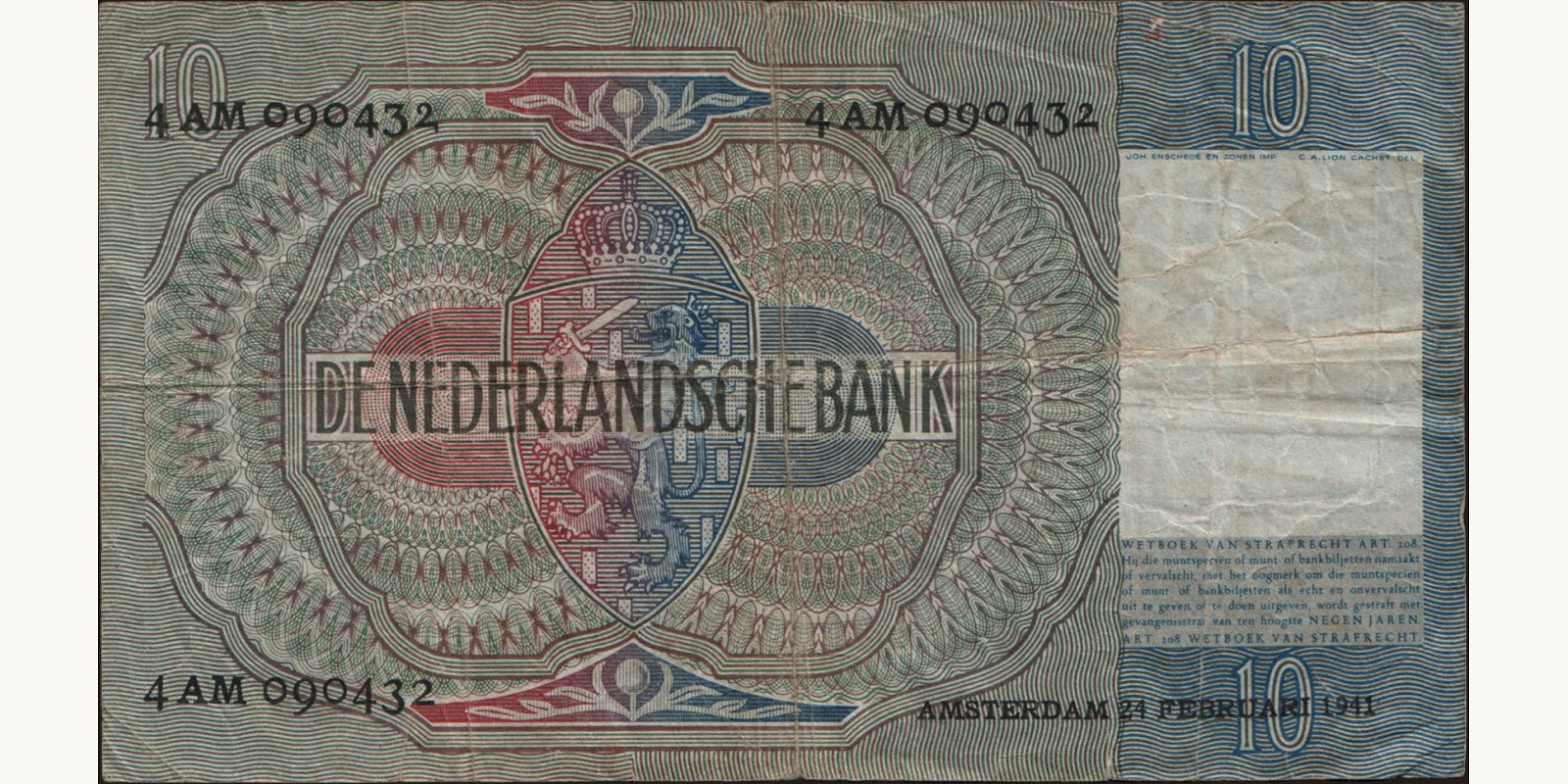 10 gulden Netherlands 1941 — Back side