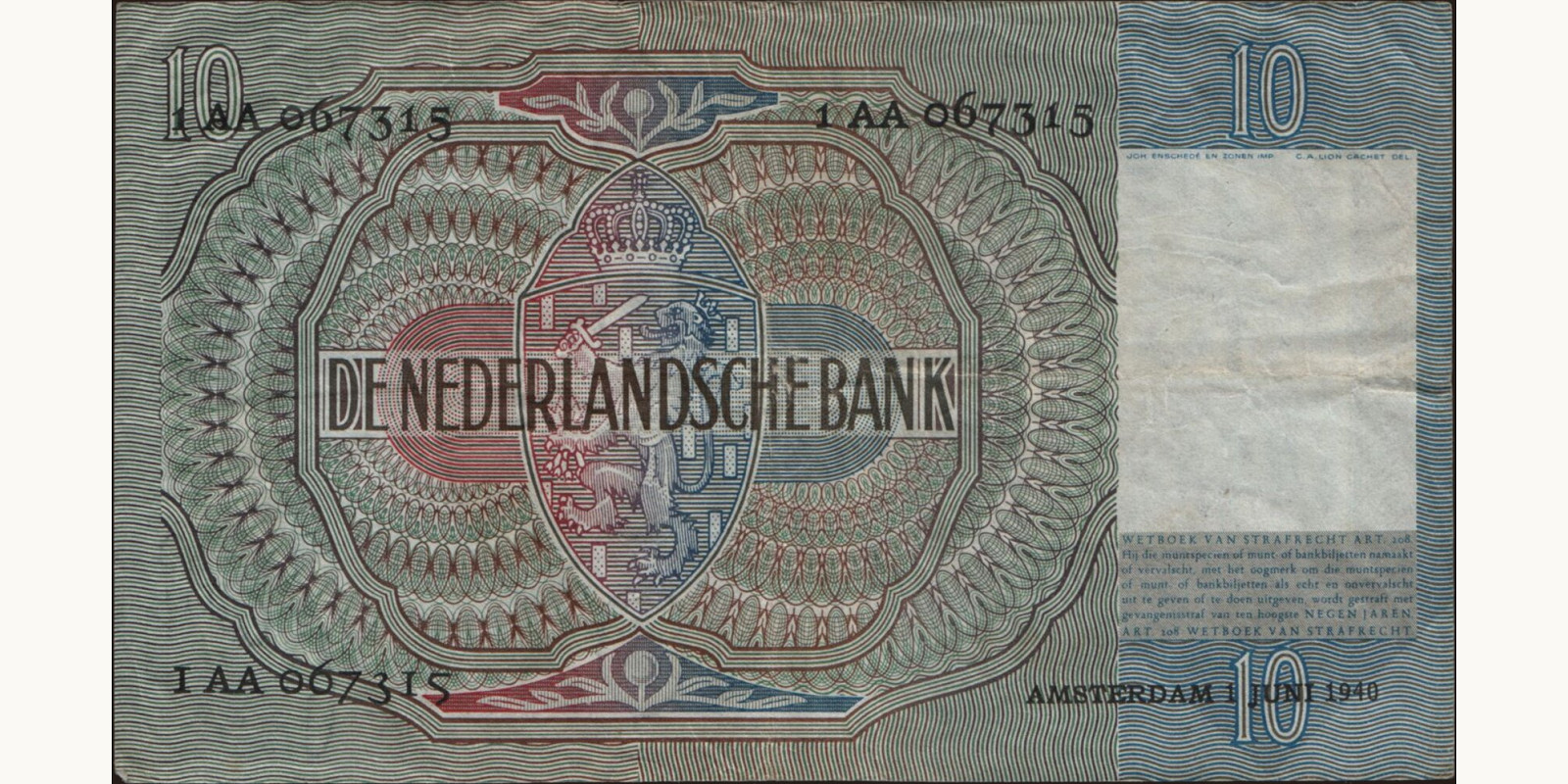 10 gulden Netherlands 1940 — Back side
