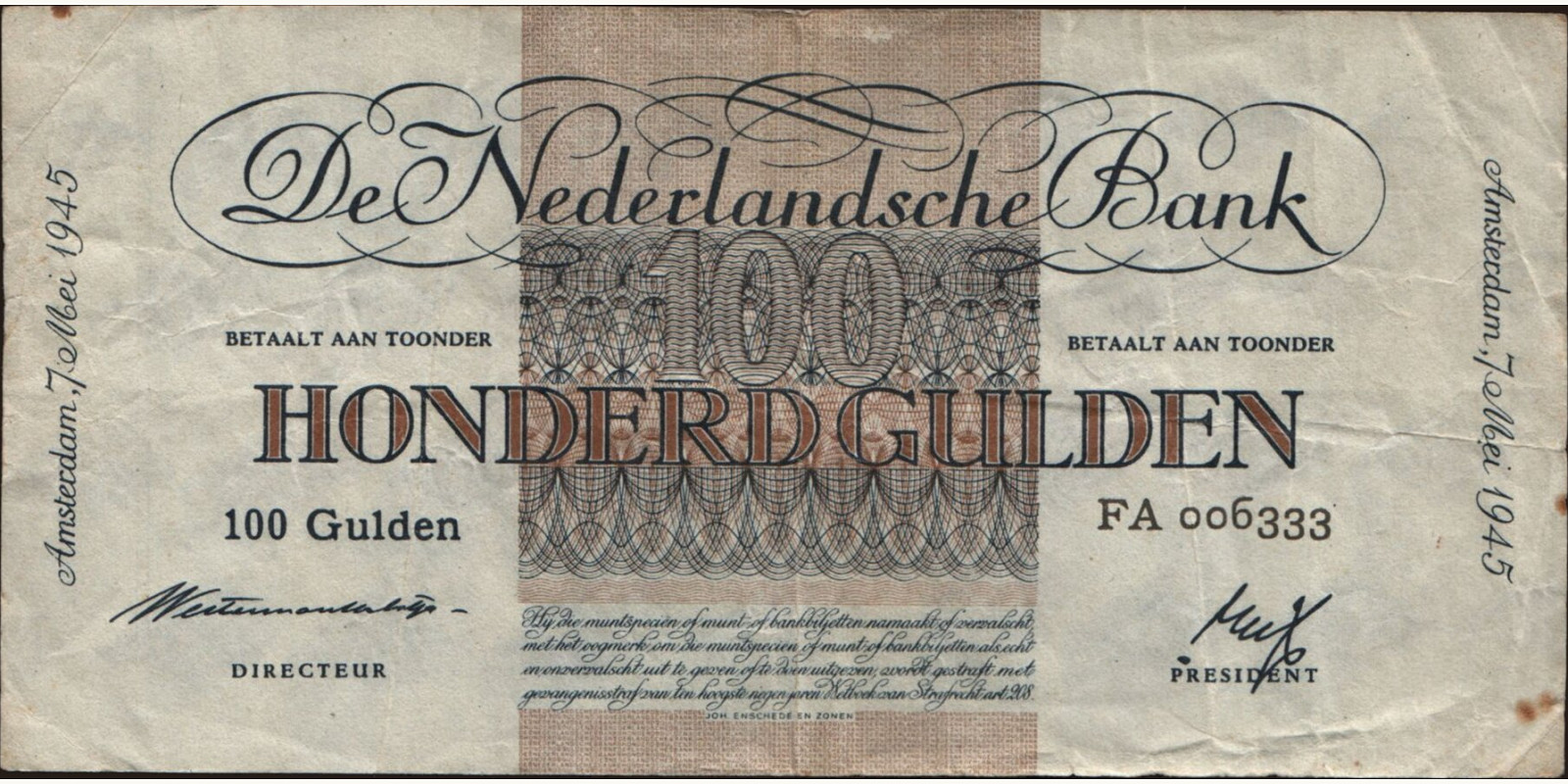 100 gulden Netherlands 1945 — Front side