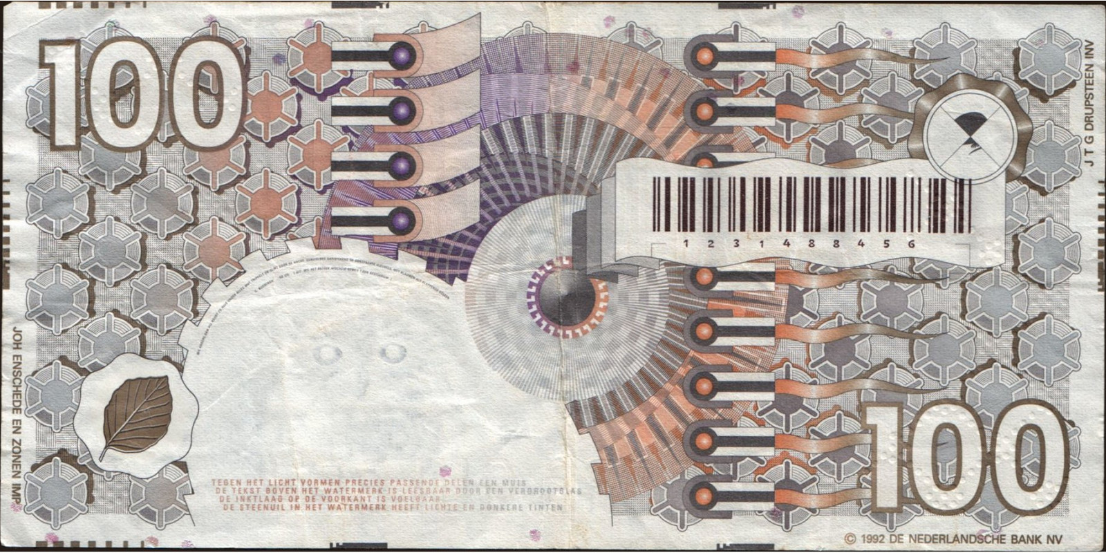 100 gulden Нидерланды 1992 — Оборотная сторона