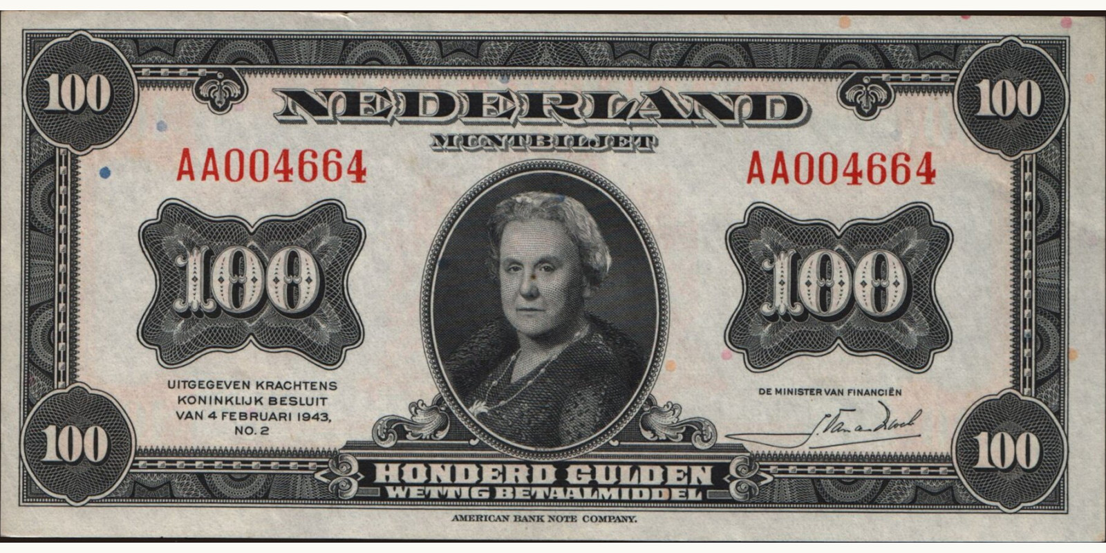 100 gulden Netherlands 1943 — Front side
