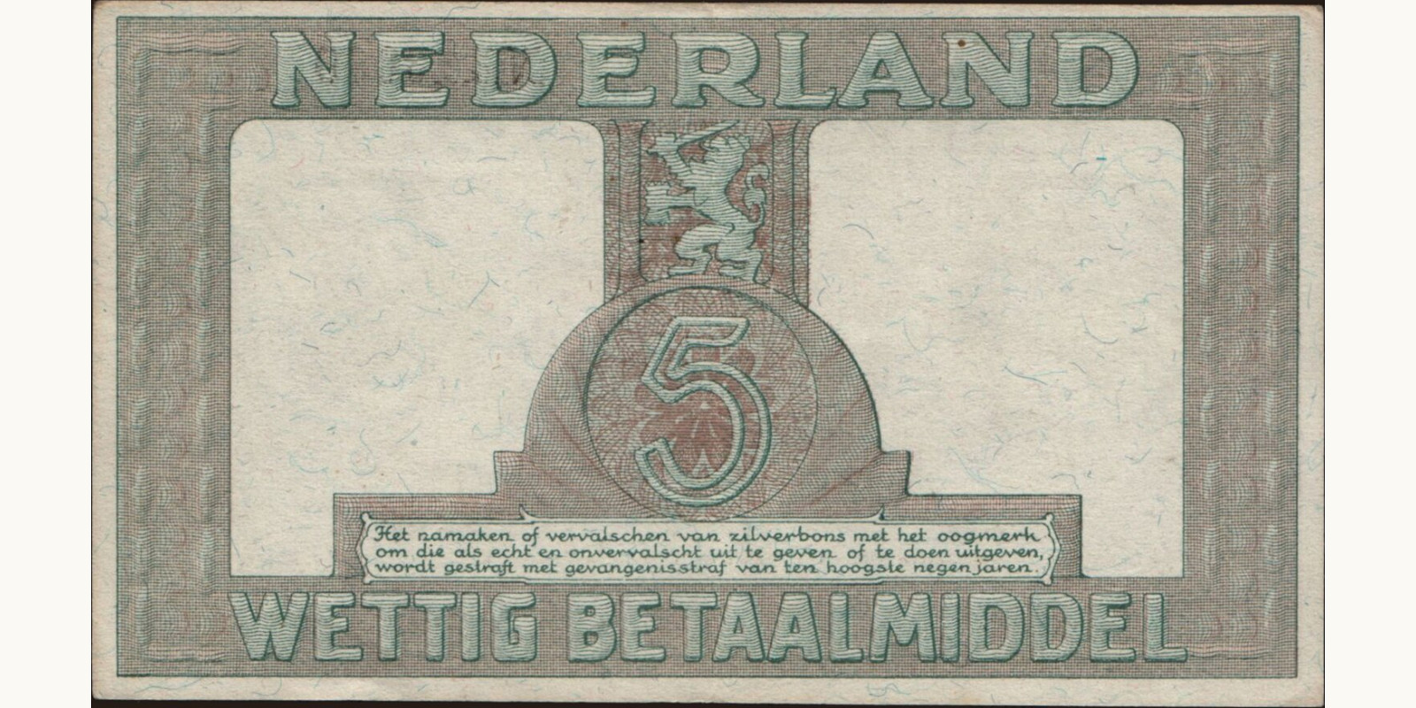 5 gulden Netherlands 1944 — Back side