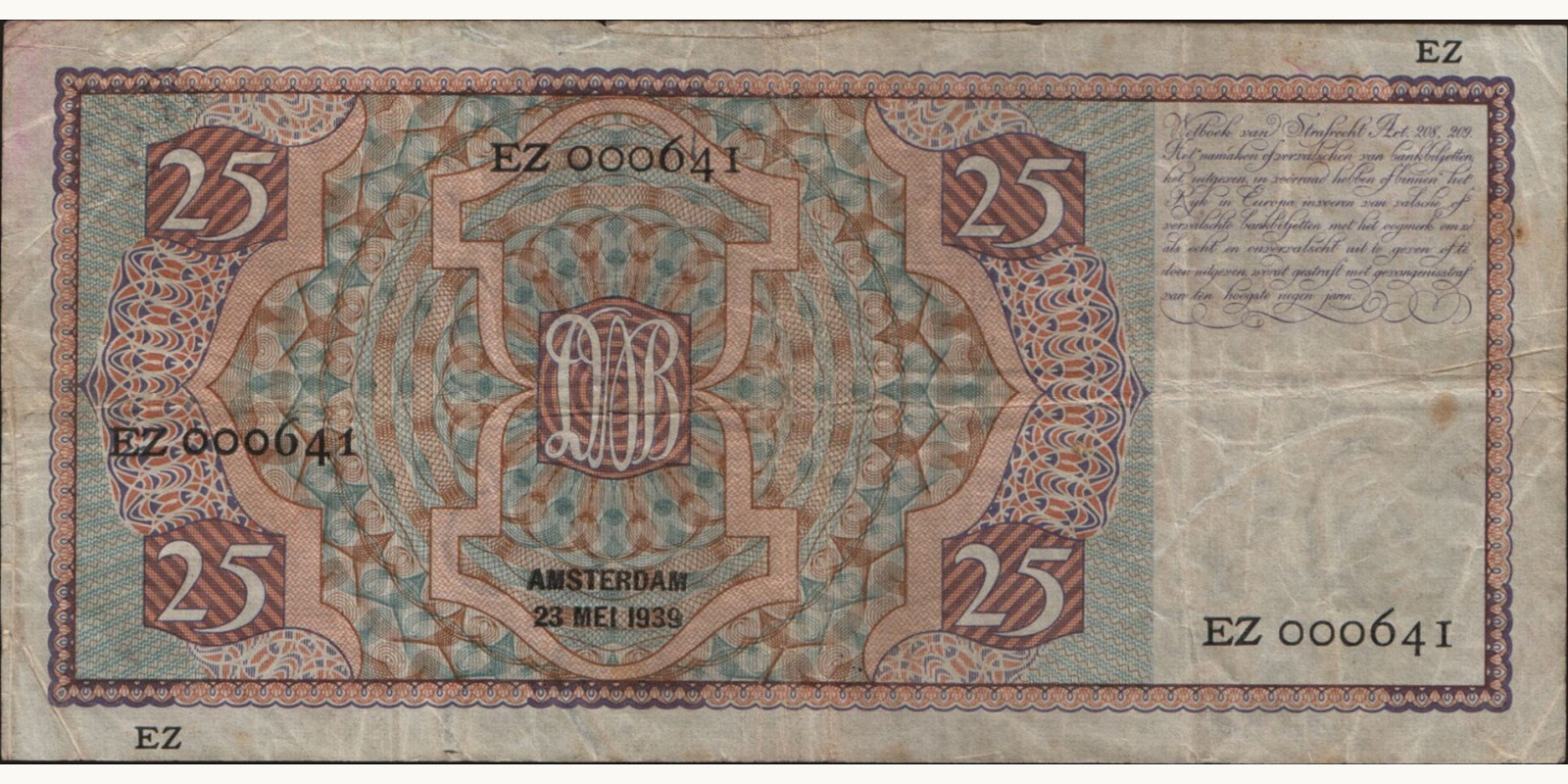 25 gulden Нидерланды 1939 — Оборотная сторона