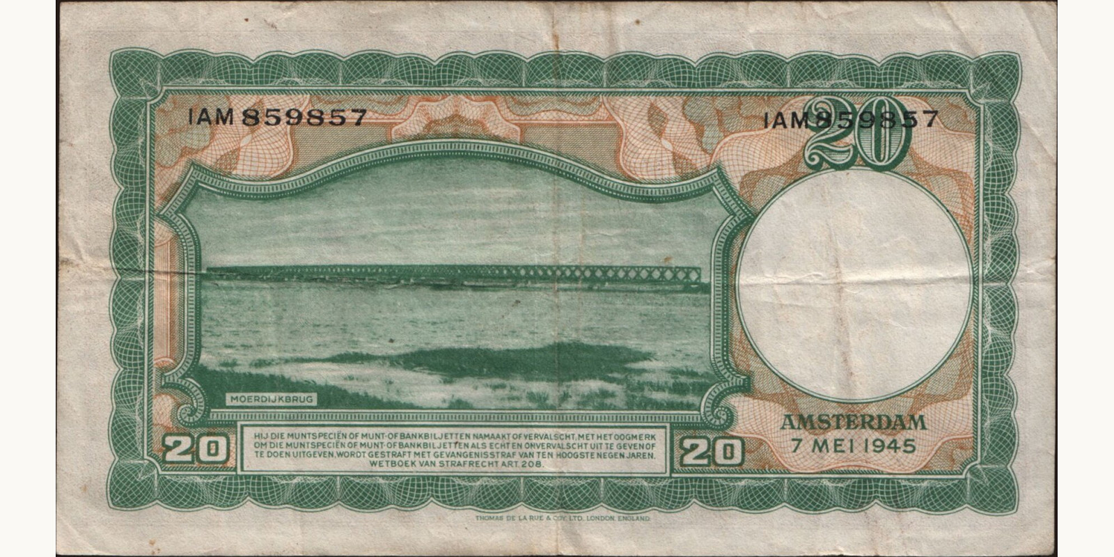 20 gulden Netherlands 1945 — Back side