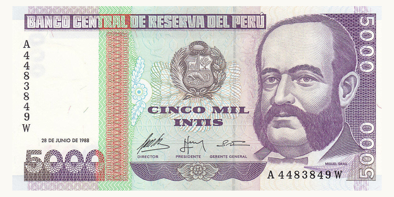 5000 intis Peru 1988 — Front side