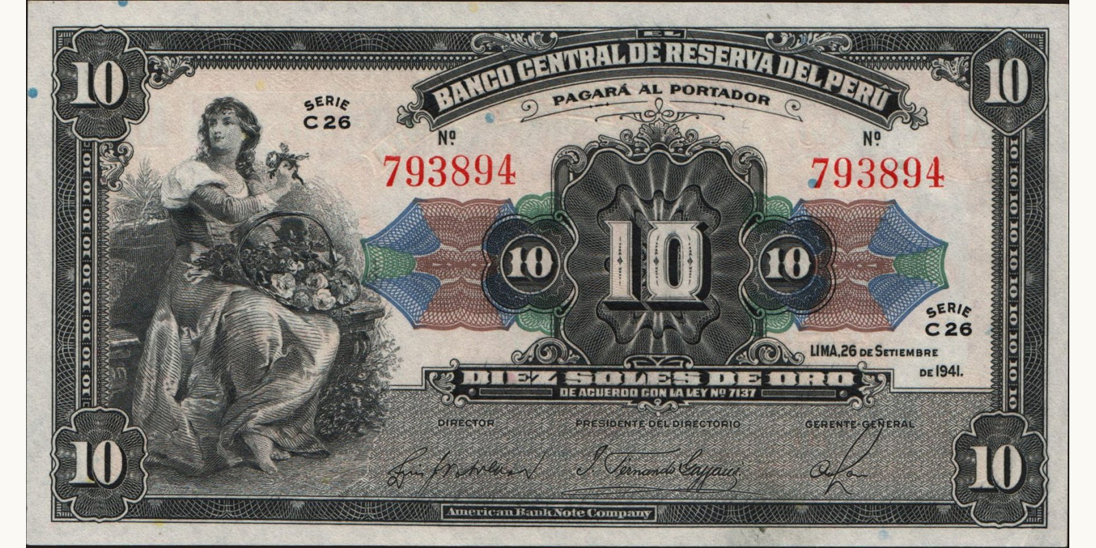 10 soles Peru 1941 — Front side
