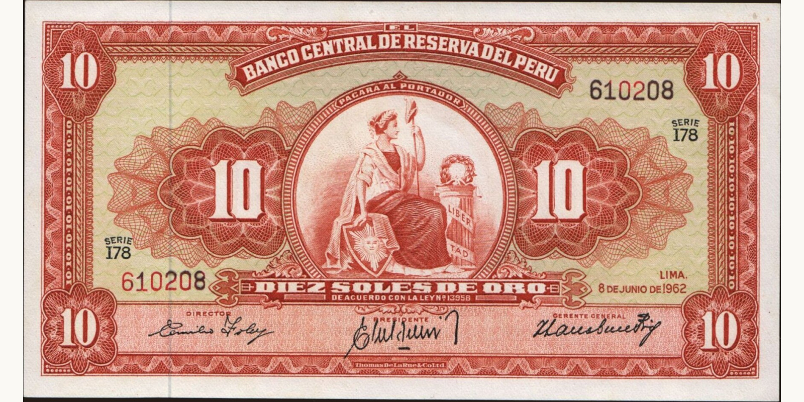 10 soles Перу 1952 — Лицевая сторона