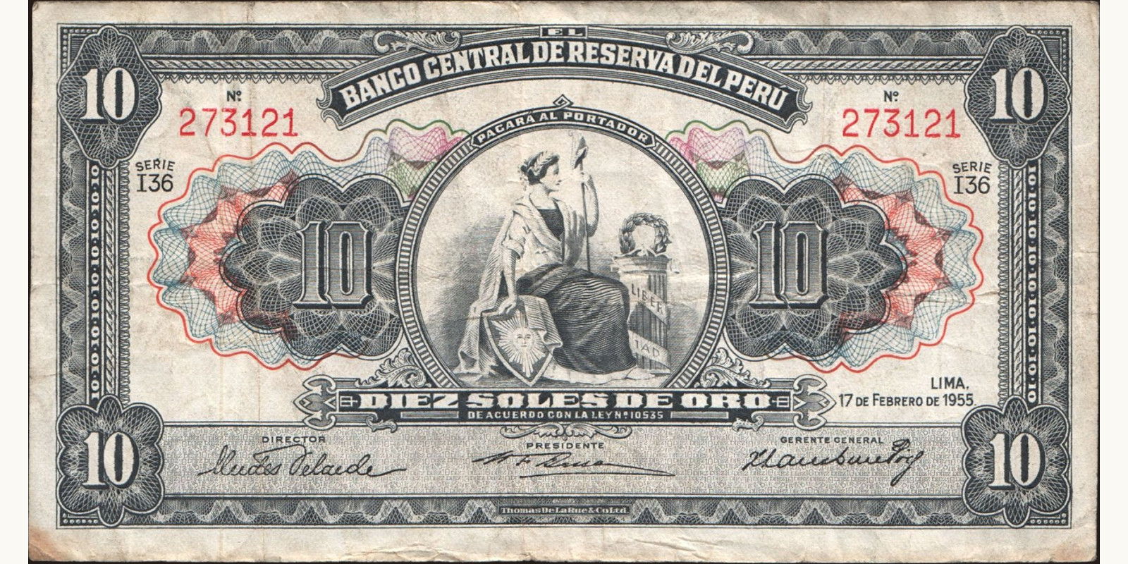 10 soles Peru 1955 — Front side