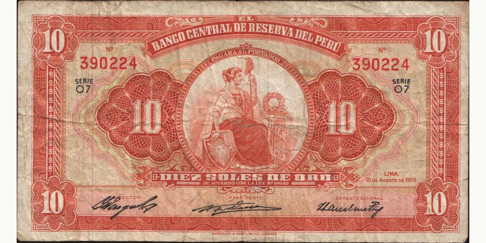 10 soles Перу 1958 — Лицевая сторона