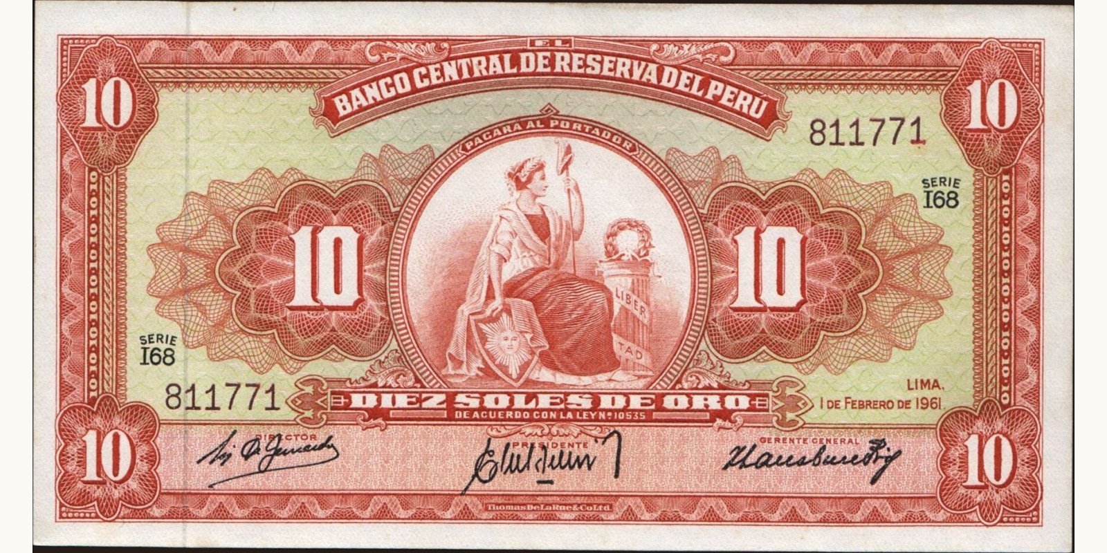 10 soles Перу 1961 — Лицевая сторона