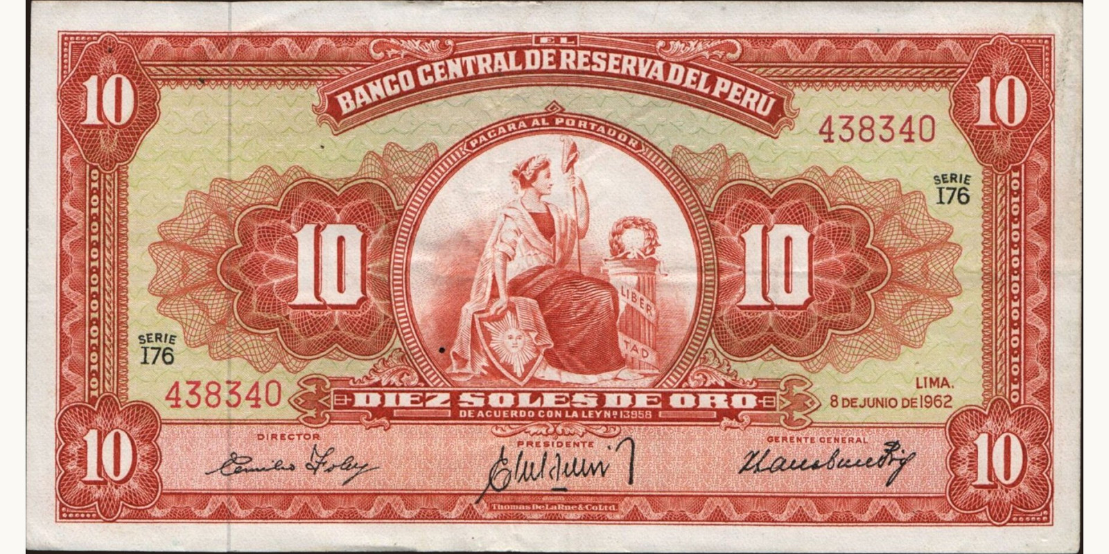 10 soles Перу 1962 — Лицевая сторона