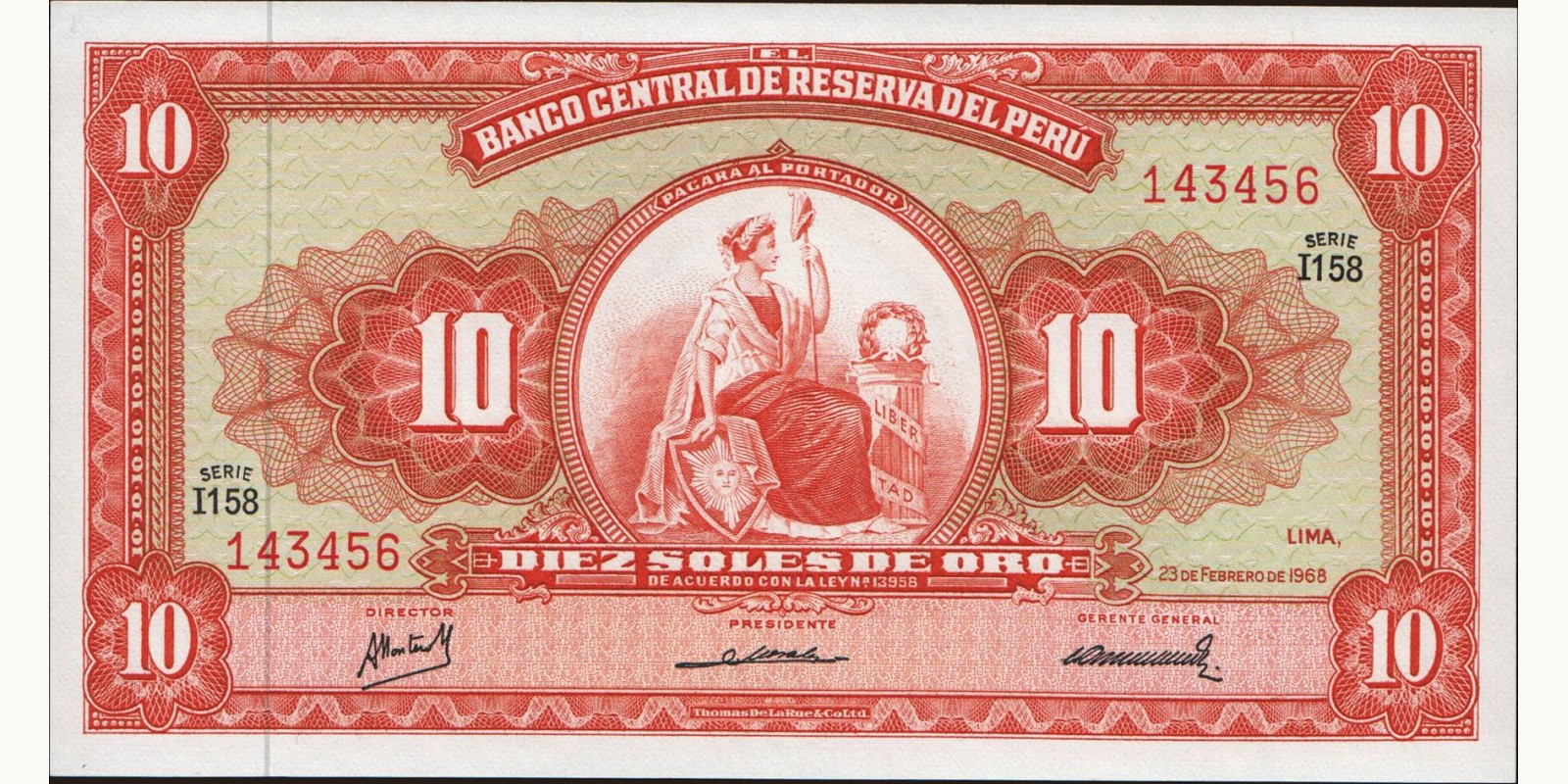 10 soles Перу 1968 — Лицевая сторона