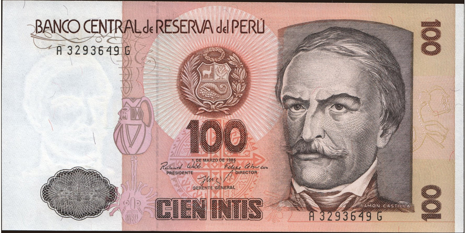 100 intis Peru 1985 — Front side