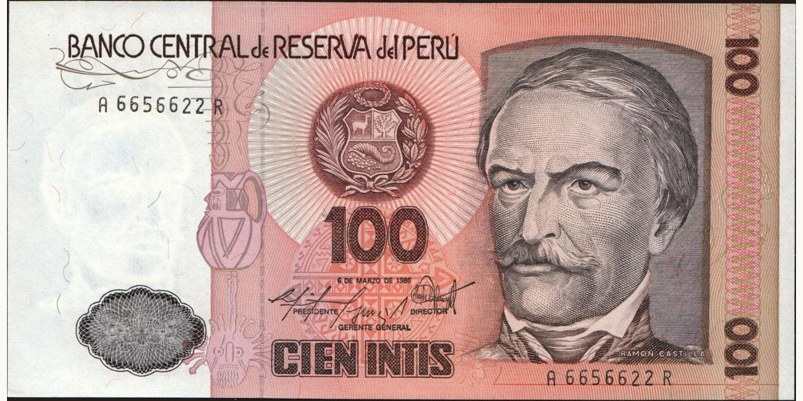 100 intis Перу 1986 — Лицевая сторона