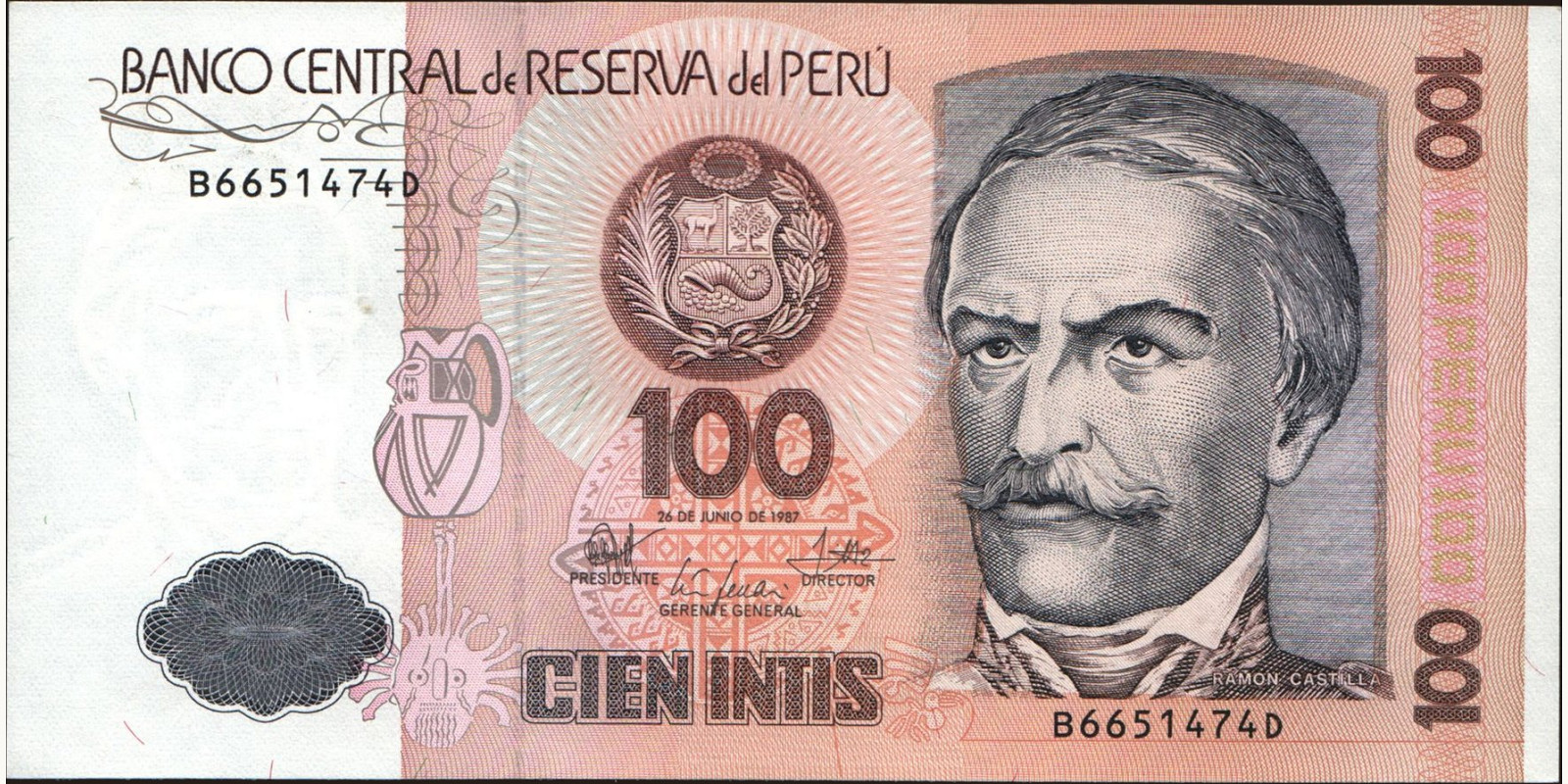 100 intis Peru 1987 — Front side