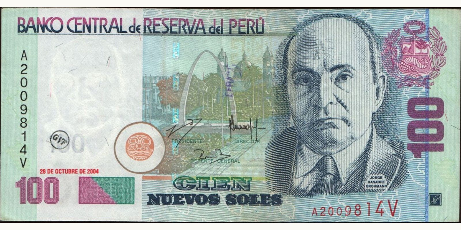 100 soles Перу 2004 — Лицевая сторона