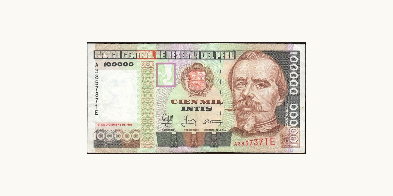 100000 intis Перу 1988 — Лицевая сторона