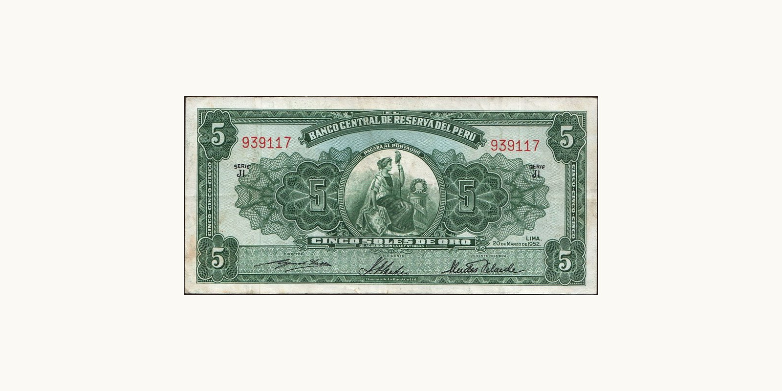 5 soles Перу 1951 — Лицевая сторона