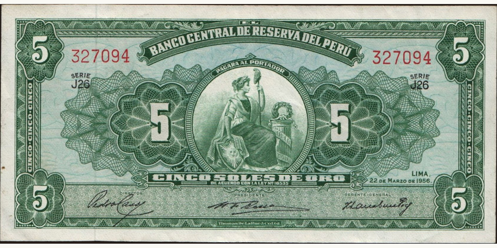 5 soles Peru 1956 — Front side