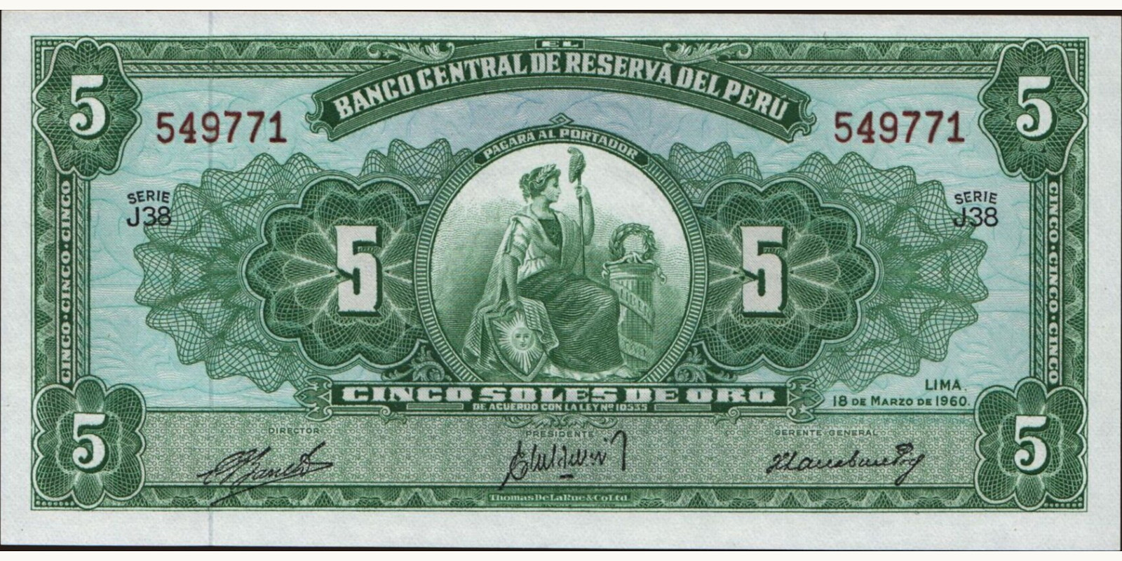 5 soles Перу 1960 — Лицевая сторона