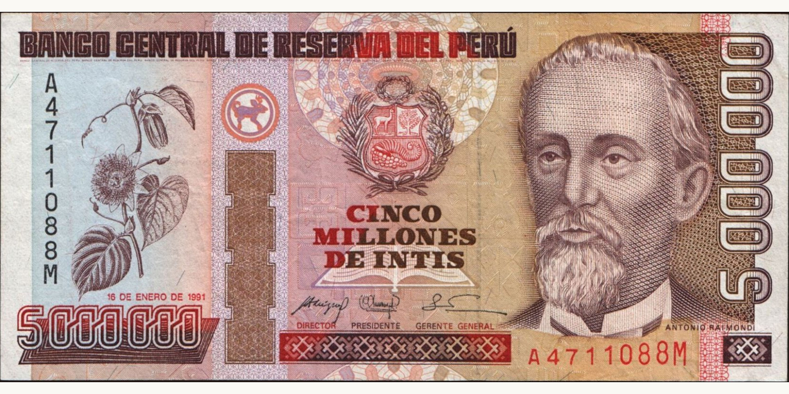 5000000 intis Peru 1991 — Front side