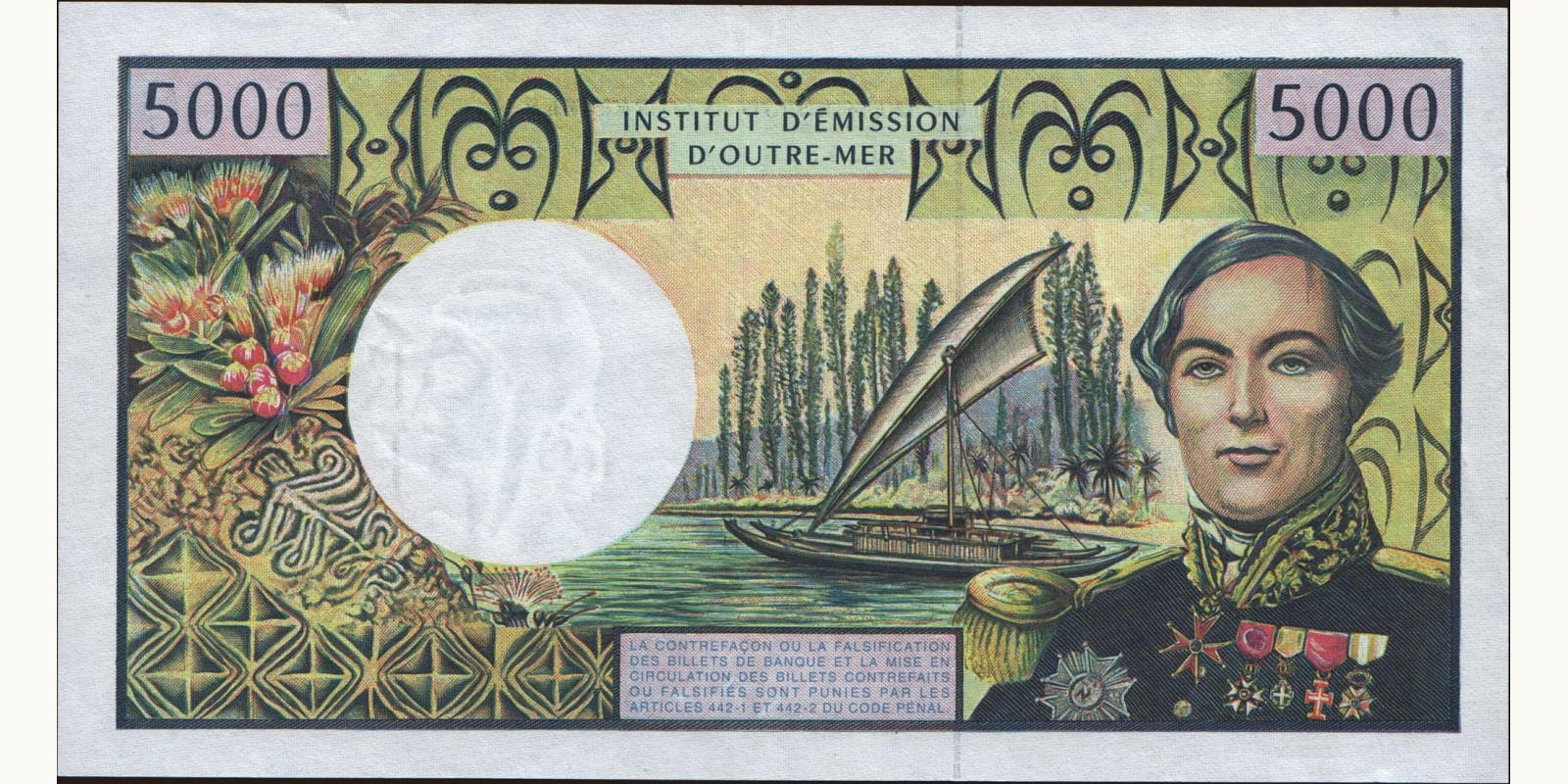 5000 franc French Polynesia 1996 — Back side