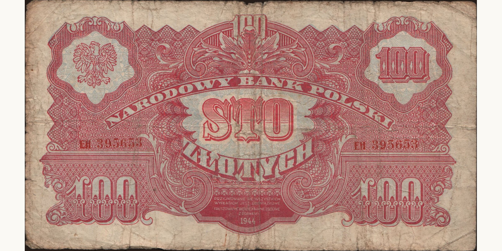 100 zlotych Польша 1944 — Лицевая сторона