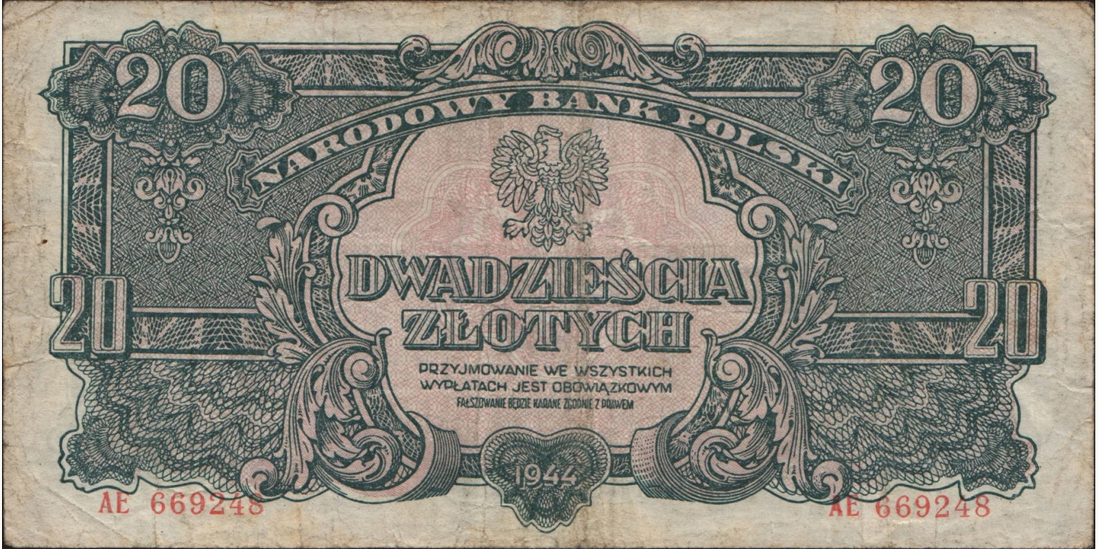 20 zlotych Poland 1944 — Front side