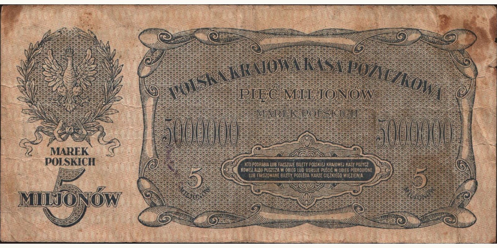 5000000 marek Poland 1923 — Back side