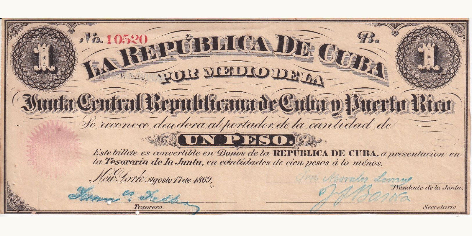 1 pesos Puerto Rico 1869 — Front side