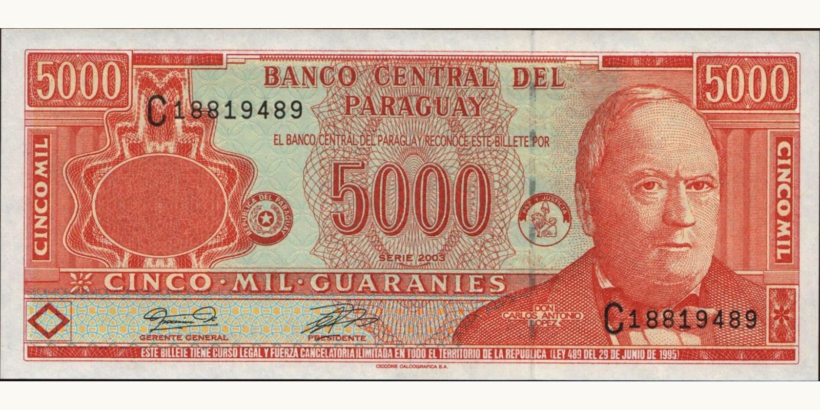 5000 guaranies Paraguay 2003 — Front side