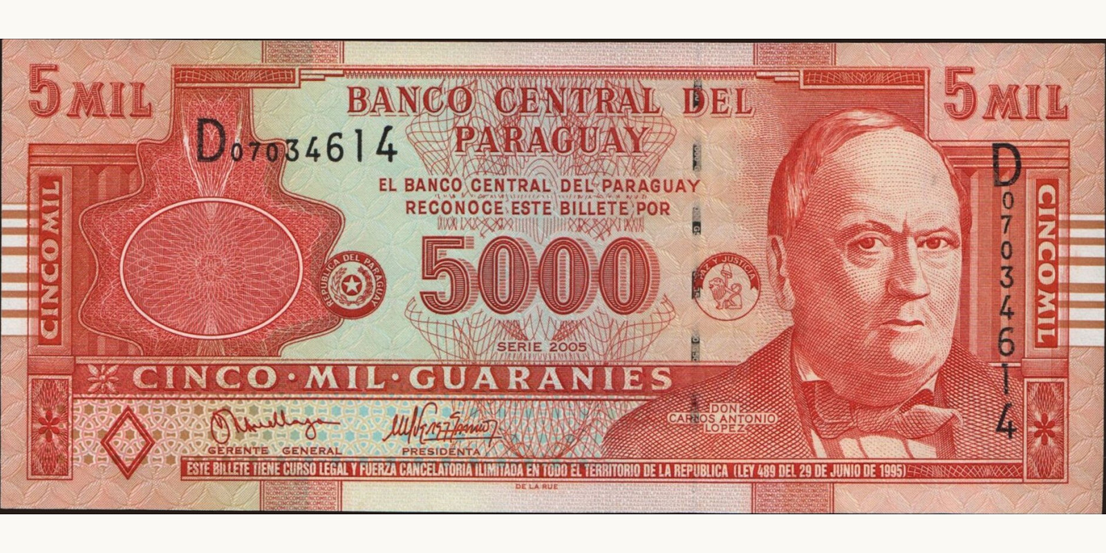 5000 guaranies Парагвай 2005 — Лицевая сторона