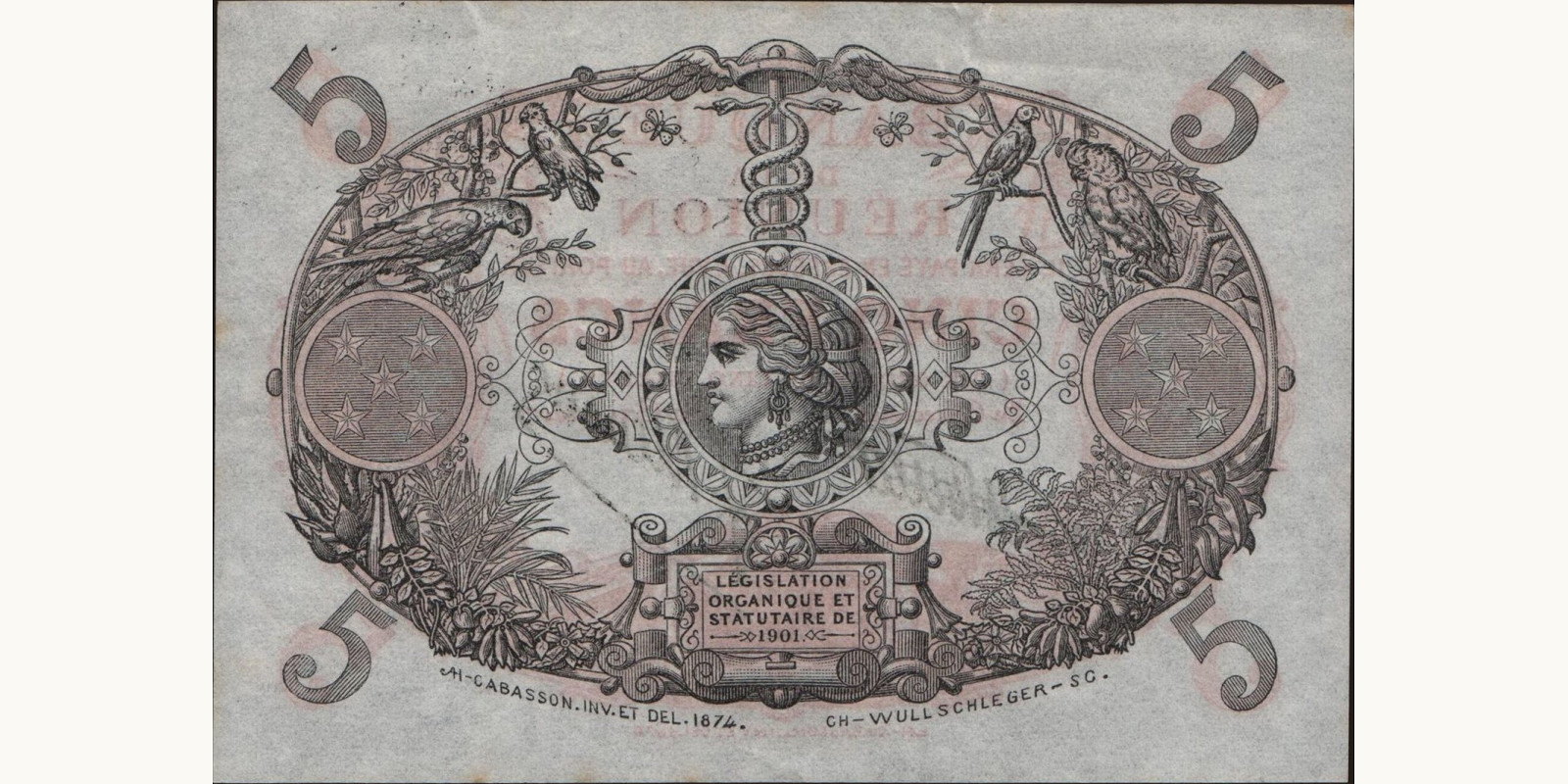 5 franc Reunion 1901 — Back side