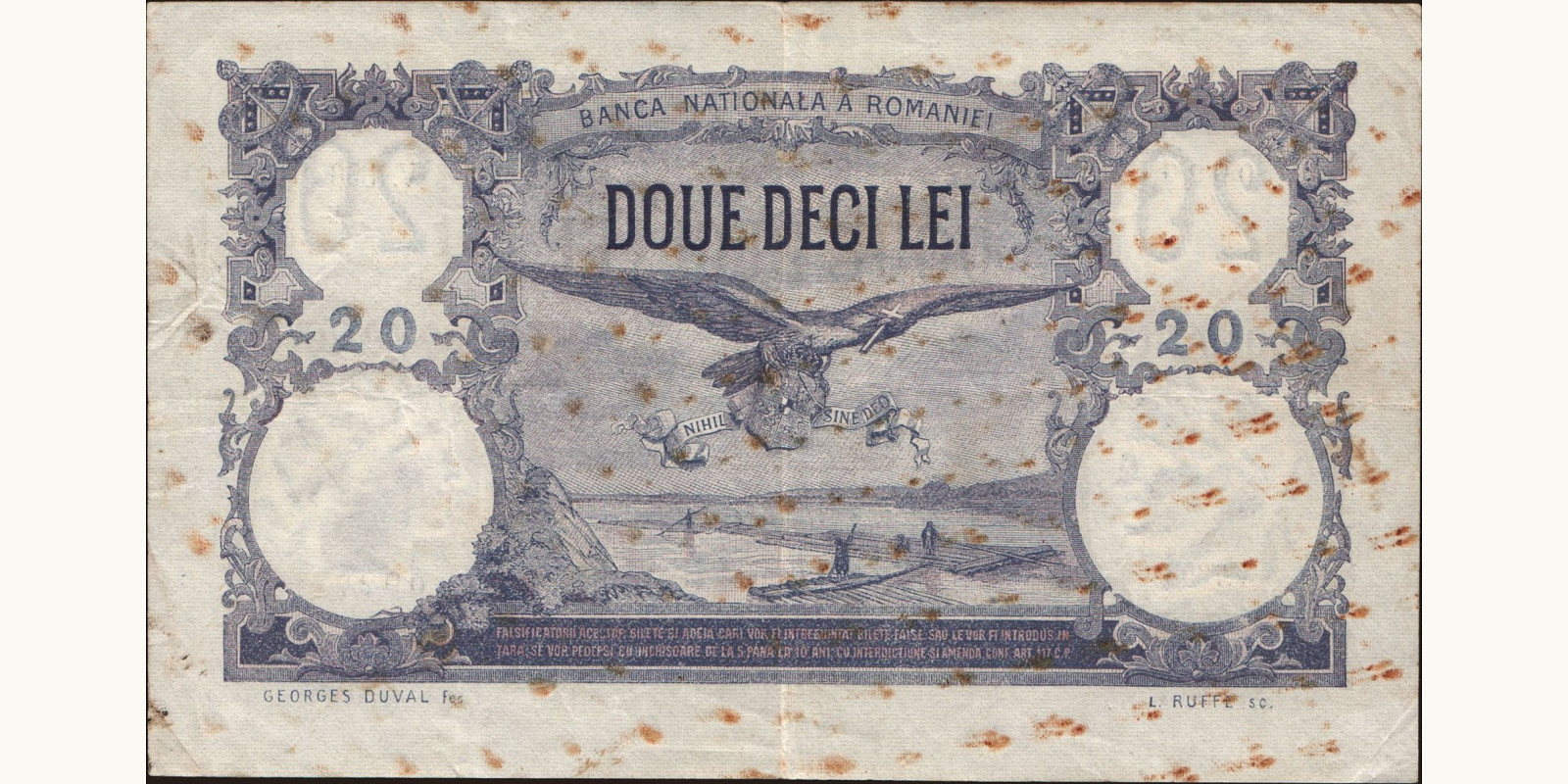 20 lei Romania 1927 — Back side