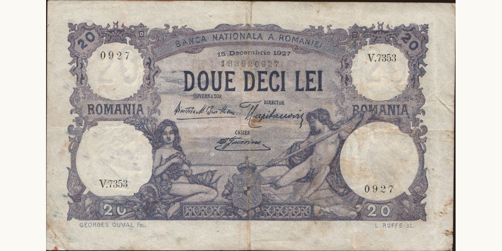 20 lei Romania 1927 — Front side
