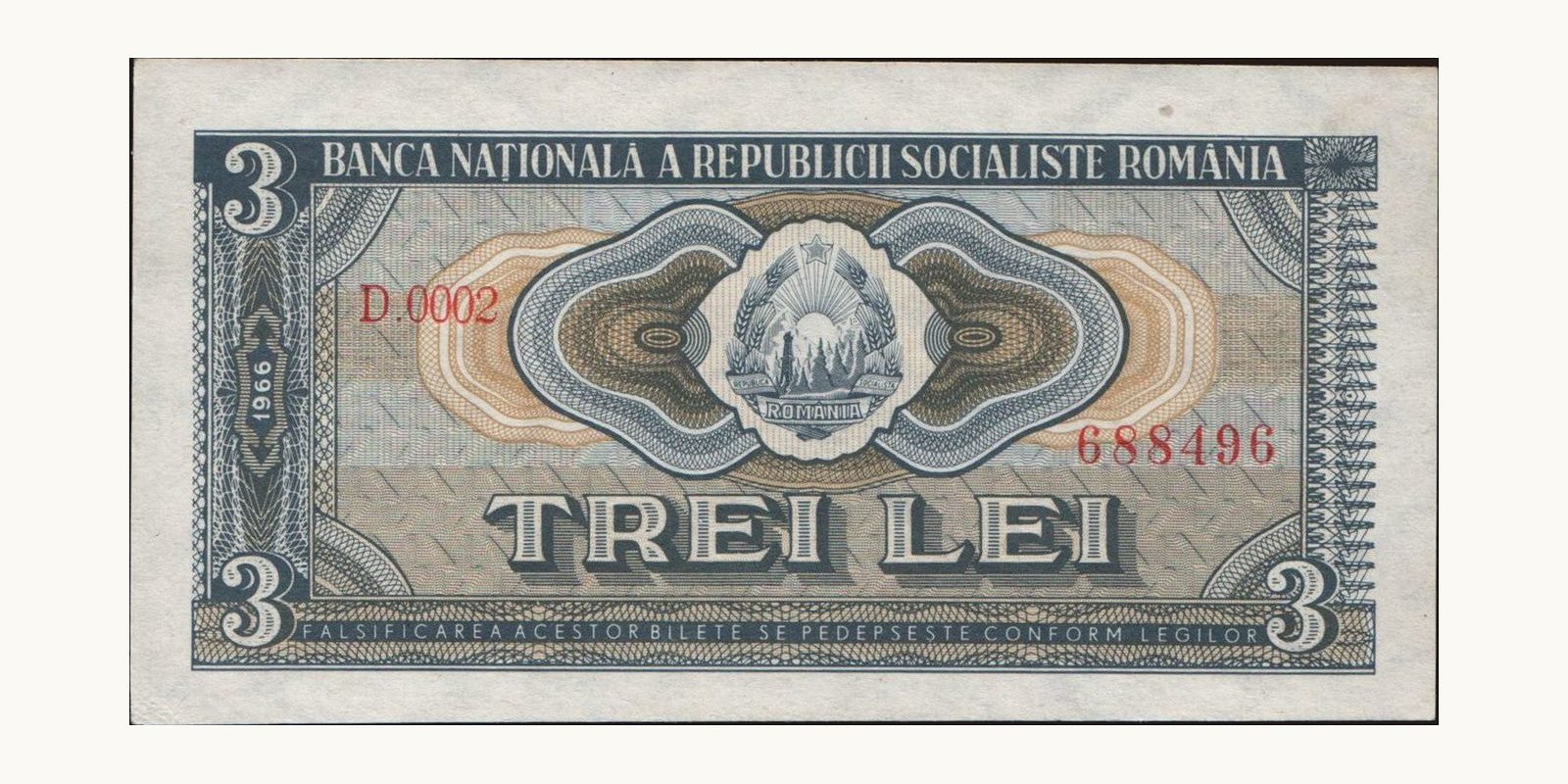 3 lei Румыния 1966 — Лицевая сторона