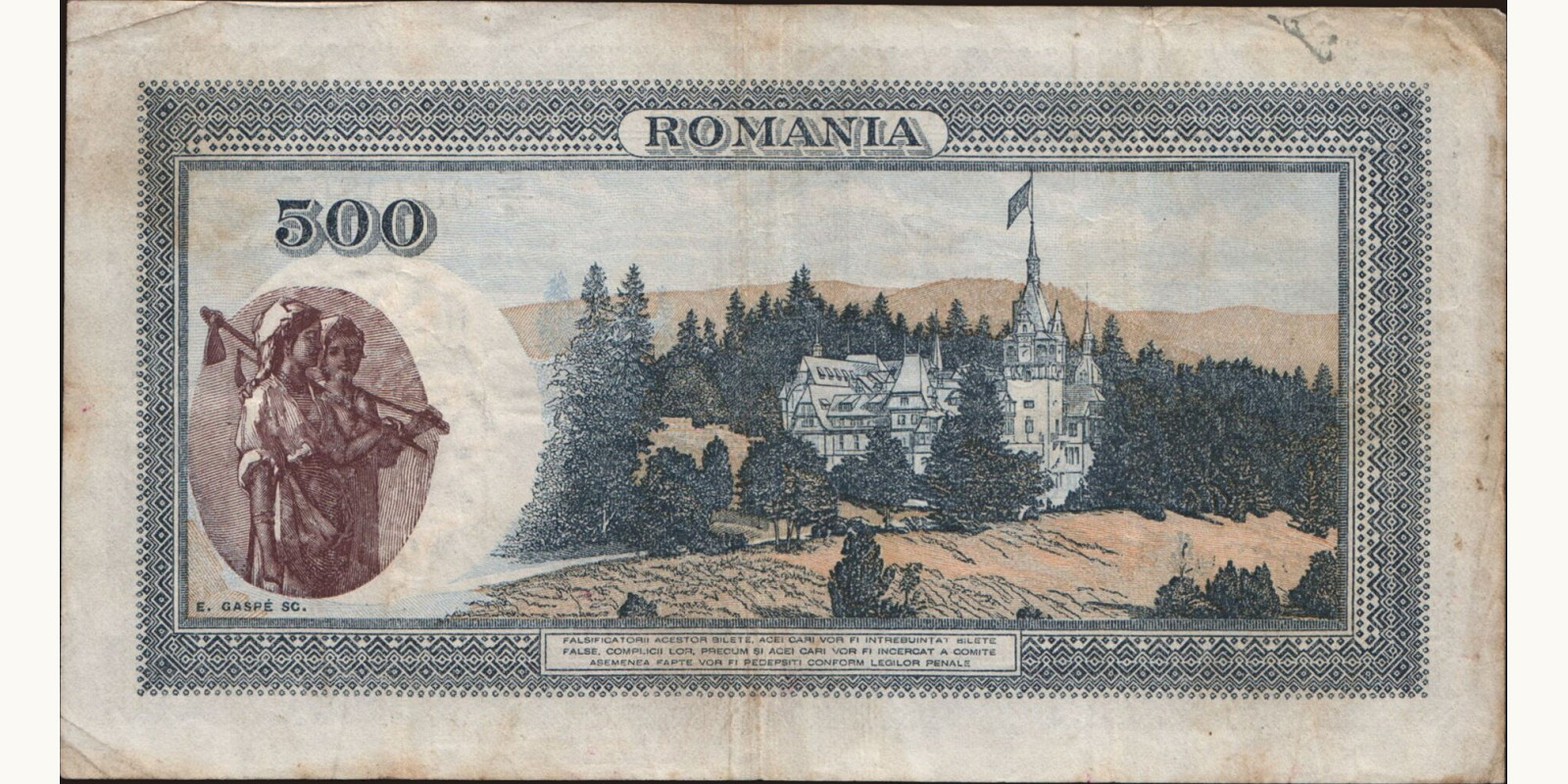 500 lei Romania 1939 — Back side