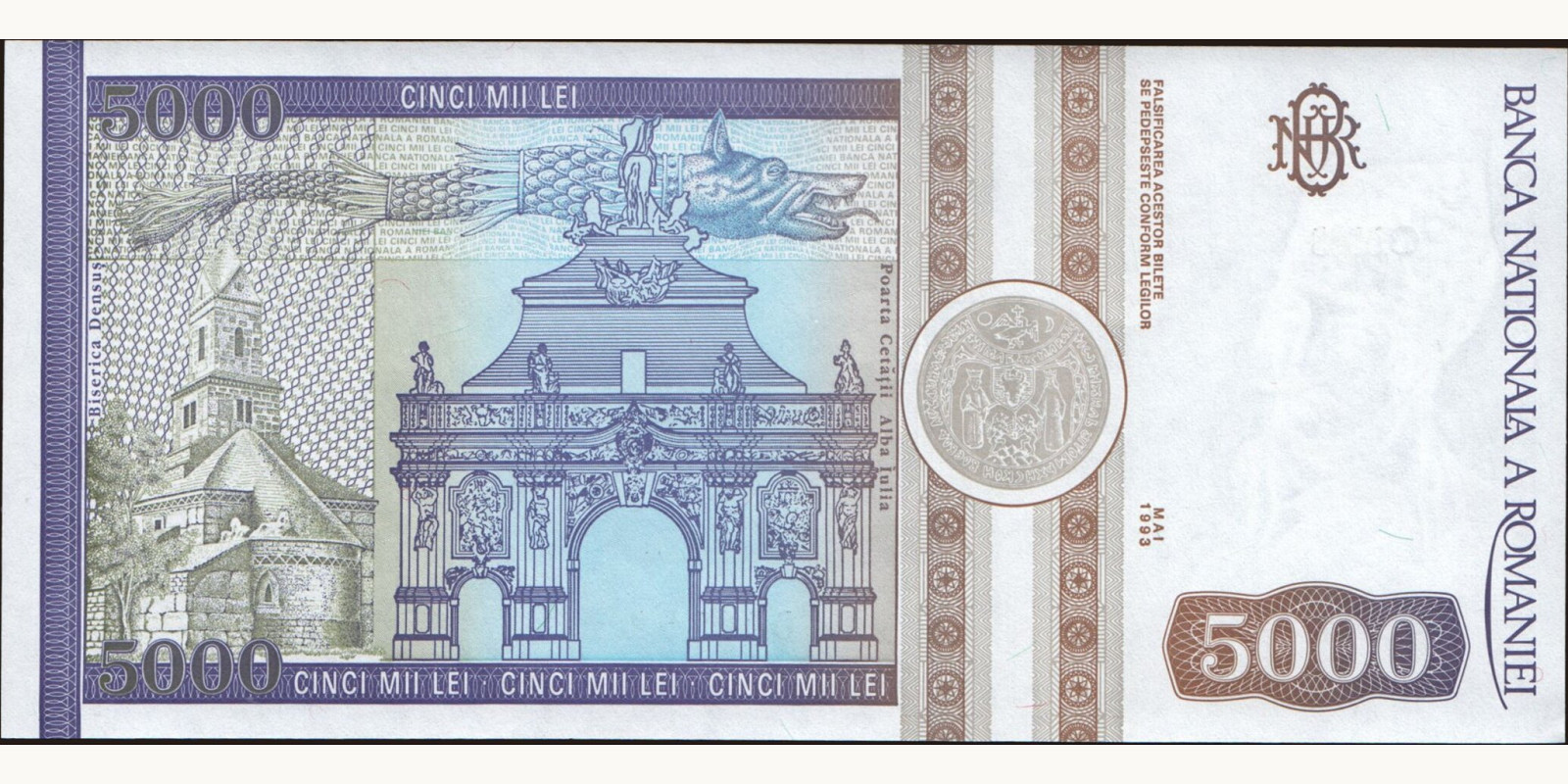 5000 lei Romania 1993 — Back side