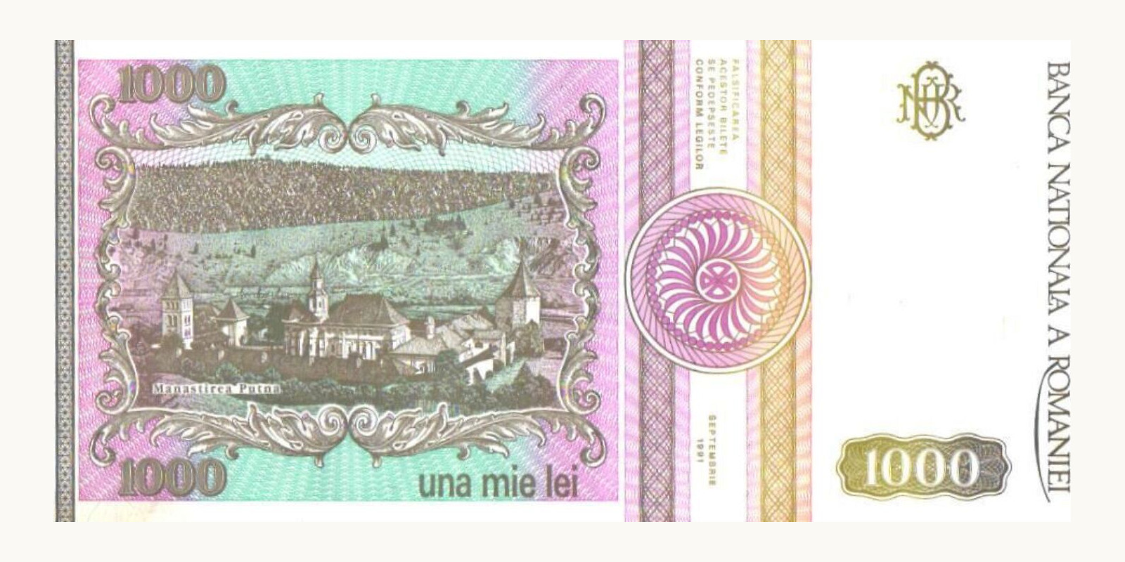 1000 leid Румыния 1991 — Оборотная сторона