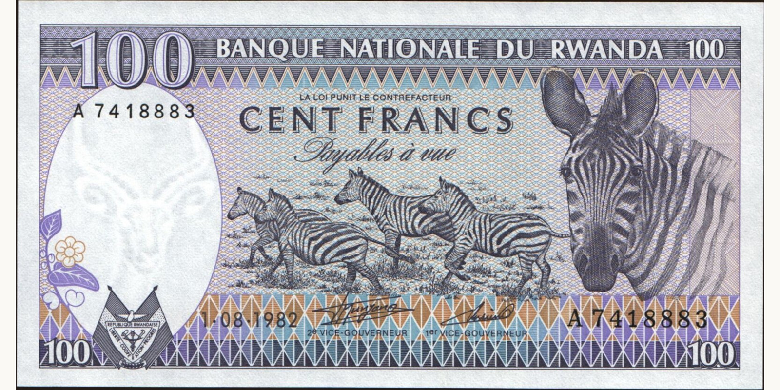100 franc Руанда 1982 — Лицевая сторона