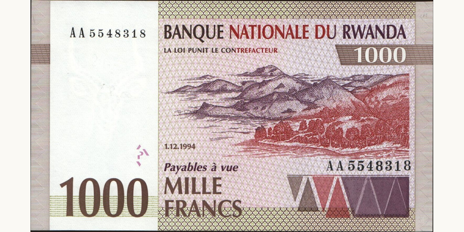 1000 franc Руанда 1994 — Лицевая сторона