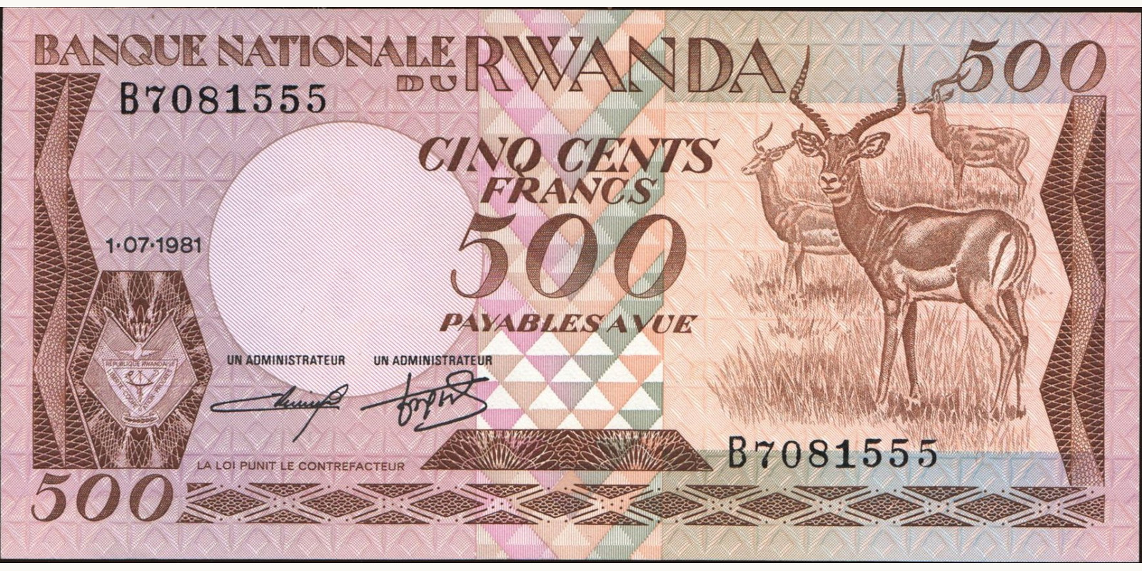 500 franc Руанда 1981 — Лицевая сторона
