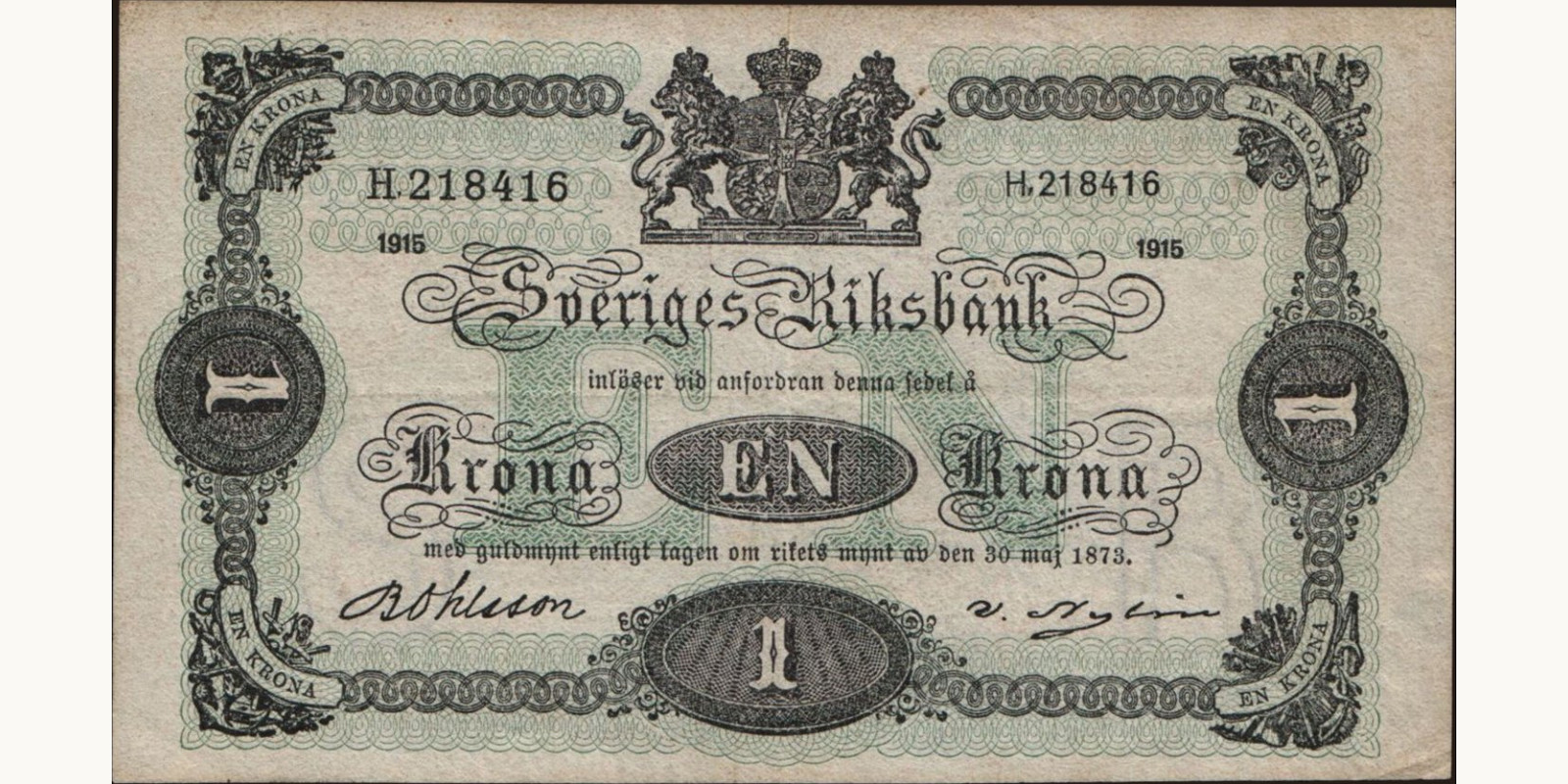 1 krona Швеция 1915 — Лицевая сторона