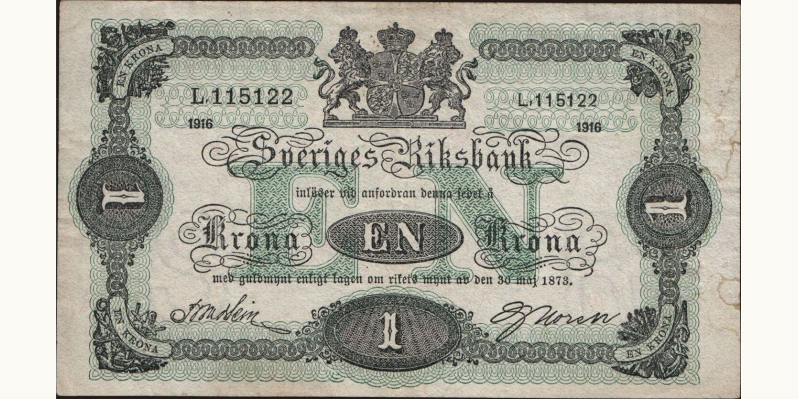 1 krona Швеция 1916 — Лицевая сторона