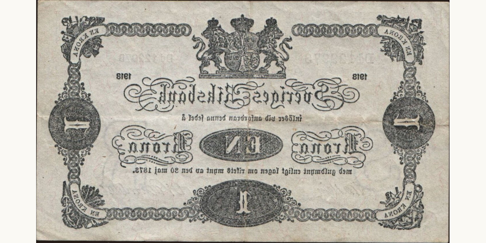 1 krona Sweden 1918 — Back side