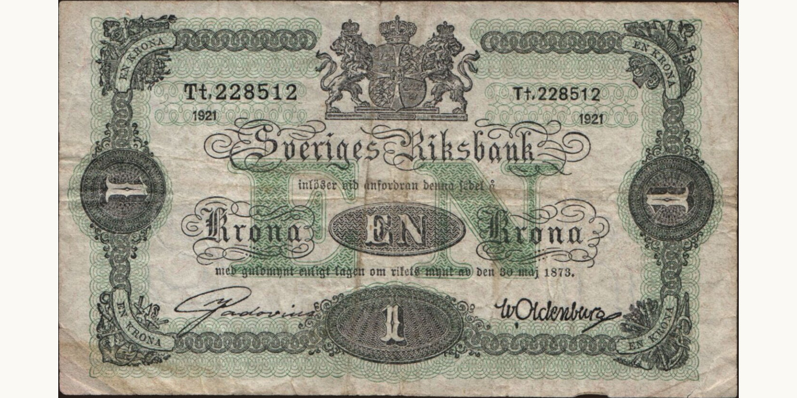1 krona Швеция 1921 — Лицевая сторона
